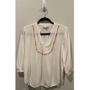 LOFT Antique White Tassel V-Neck 3/4 Sleeveless Blouse